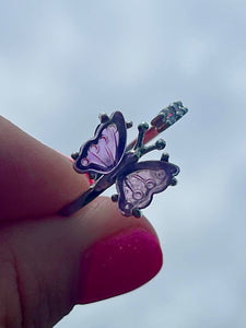 Beautiful Hand Carved Fluorite Crystal & CZ Butterfly Ring