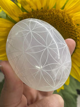 Load image into Gallery viewer, Large Moroccan Selenite Crystal Palm Stone - Flower of Life Etching
