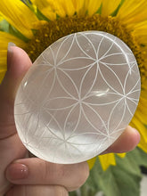 Load image into Gallery viewer, Large Moroccan Selenite Crystal Palm Stone - Flower of Life Etching