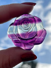 Load image into Gallery viewer, Carved Green and Purple Fluorite Crystal Rose
