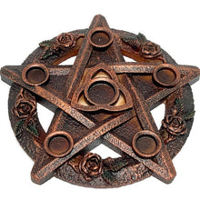 Load image into Gallery viewer, Wiccan Pentacle with Celtic Triquetra Multi Crystal Sphere Display Stand