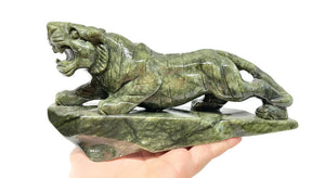 19.5 CM Green Serpentine Jade Prowling Tiger Carving