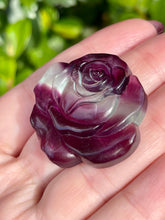 Load image into Gallery viewer, Carved Green and Purple Fluorite Crystal Rose